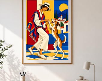 May include: A framed wall art print featuring a colorful illustration of a person wearing a white outfit and a straw hat, draped in a red, blue, and yellow poncho, interacting with a brown and white dog on a checkered floor with a village background.