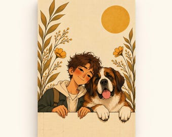 Boy and Saint Bernard Dog Printable Wall Art, Friendship Illustration, Instant Digital Download