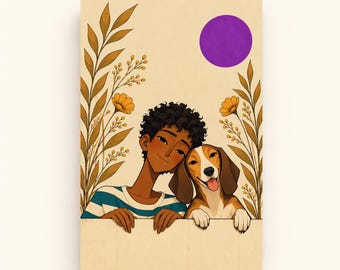 Boy and Dog Friendship Printable Wall Art, Purple Sun Illustration, Kids Room Decor, Instant Digital Download