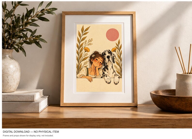 A Girl and Her Great Dane — digital illustration shown as a display example. No physical item, frame or props included.