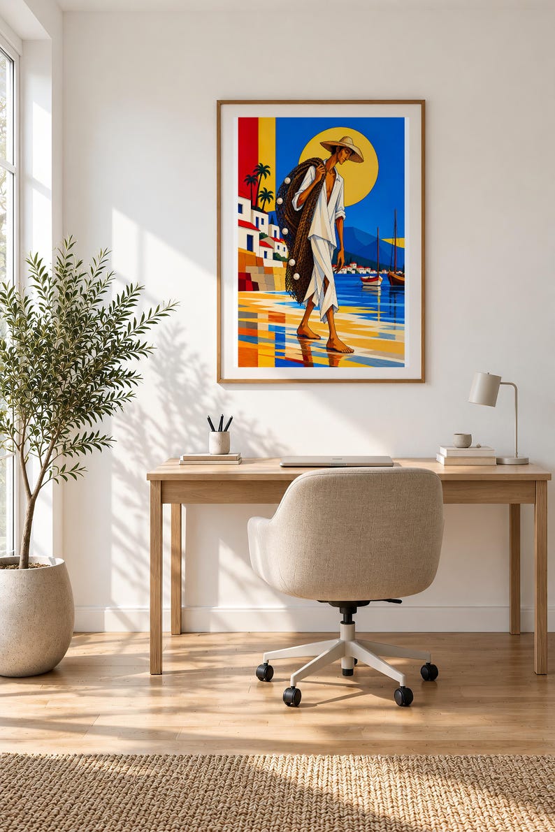 Fisherman by the Mediterranean Sea — unframed fine art print. Frames and room accessories are not included.