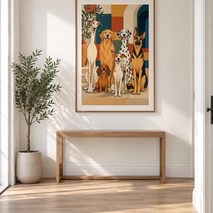 Six Dogs in a Mediterranean Courtyard — unframed fine art print. Frames and room accessories are not included.