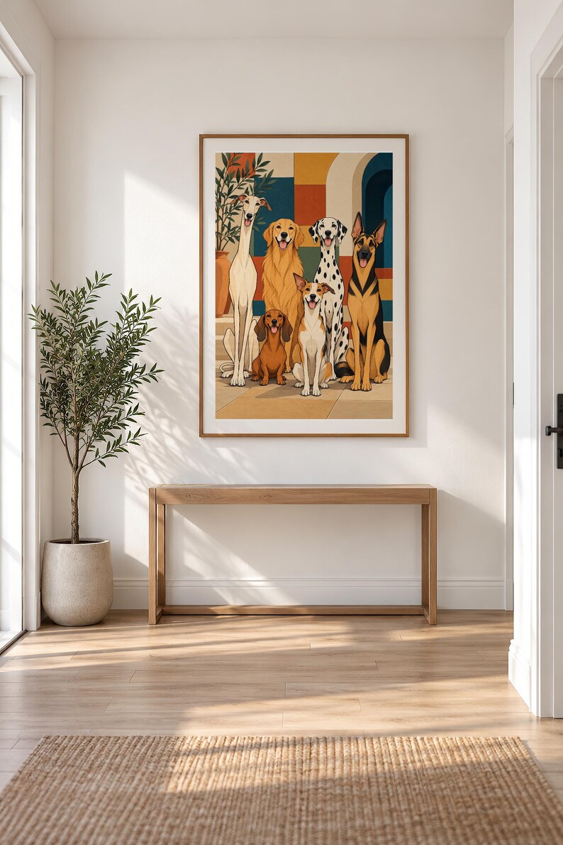 Six Dogs in a Mediterranean Courtyard — unframed fine art print. Frames and room accessories are not included.