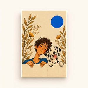 Może przedstawiać: Cyfrowa ilustracja przedstawiająca osobę z ciemnymi kręconymi włosami w niebieskiej koszulce oraz nakrapianego dalmatyńczyka. Postacie znajdują się za jasnym płotem, w otoczeniu wysokich złoto-brązowych roślin i niebieskiego koła.