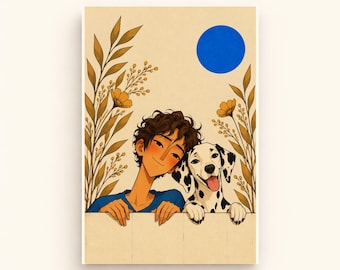 A Boy and His Dalmatian Printable Dog Art, Digital Postcard, A5 A4 Wall Art, Child and Pet Illustration