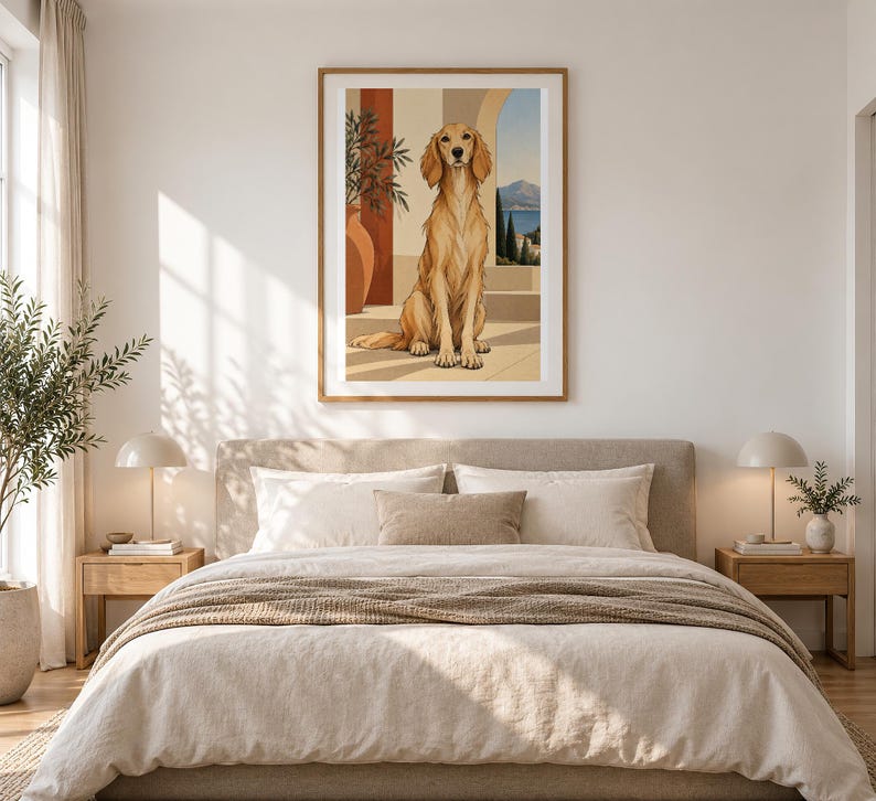 Mediterranean Golden Retriever — unframed fine art print. Frames and room accessories are not included.