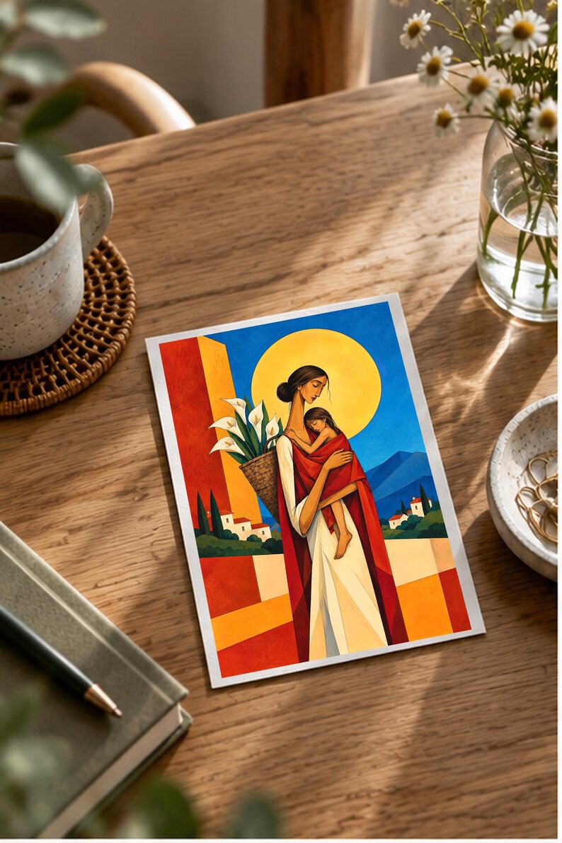 Mother and Child Under the Golden Sun — digital illustration shown as a display example. No physical item, frame or props included.