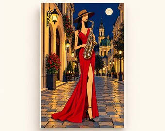 Saxophonist Under the Moon Printable Wall Art, Colorful Digital Download, A4 A5 and 2:3 JPG Files