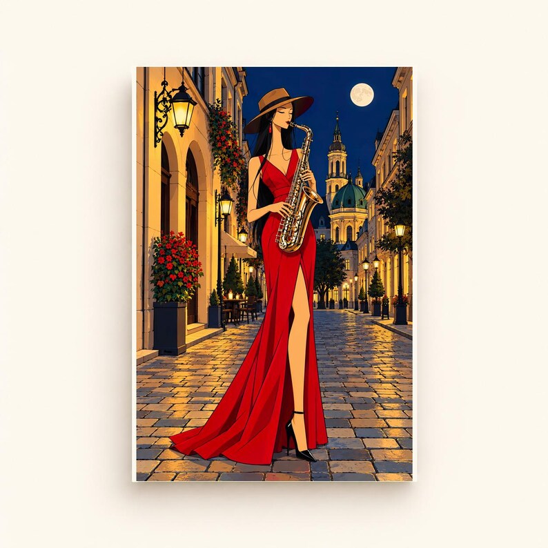 Saxophonist Under the Moon — digital illustration shown as a display example. No physical item, frame or props included.