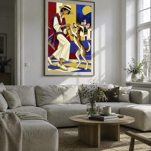 May include: A framed wall art print featuring a stylized illustration of a person wearing a white hat, white clothing, and a red, blue, and yellow poncho, interacting with a brown and white dog on a blue and yellow checkered floor with a village background.