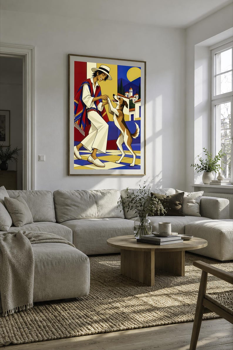 May include: A framed wall art print featuring a stylized illustration of a person wearing a white hat, white clothing, and a red, blue, and yellow poncho, interacting with a brown and white dog on a blue and yellow checkered floor with a village background.