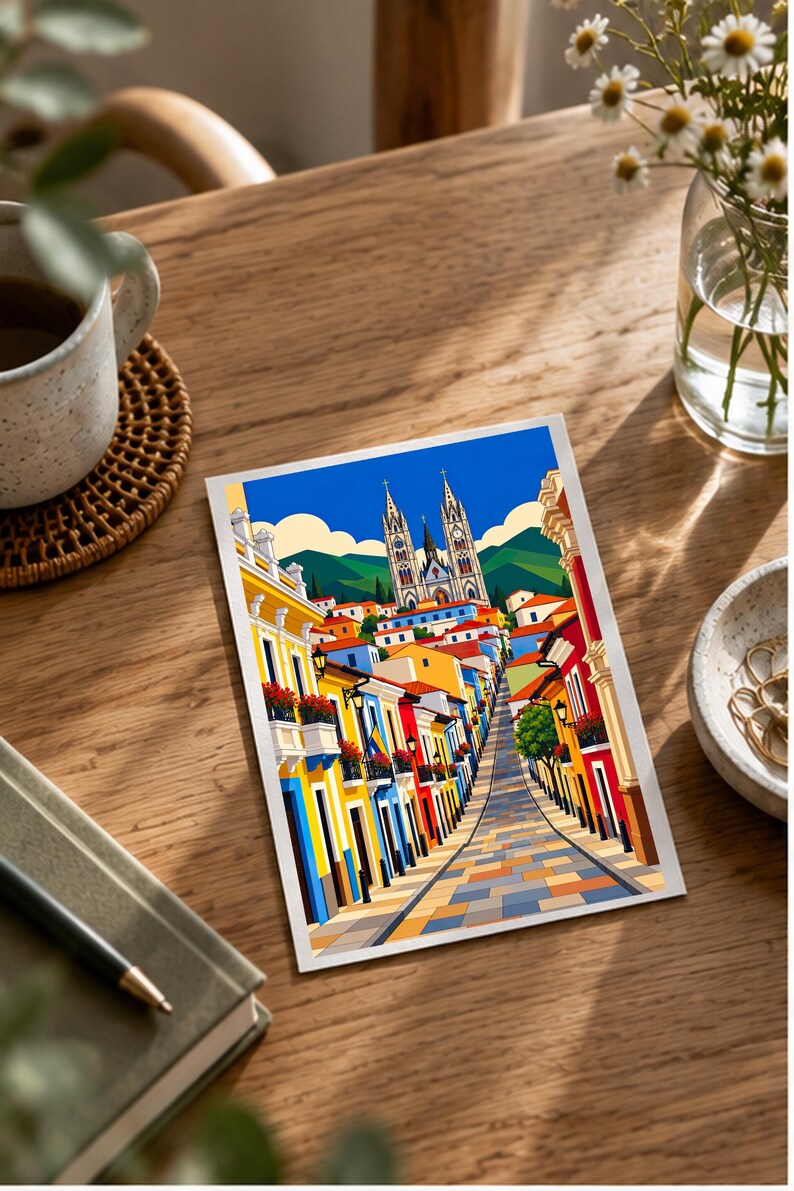 Street to the Cathedral — Quito, Ecuador — digital illustration shown as a display example. No physical item, frame or props included.