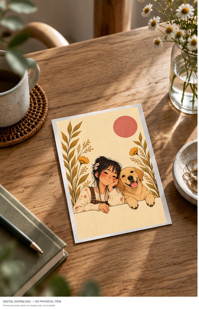 A Girl and Her Gentle Companion — digital illustration shown as a display example. No physical item, frame or props included.