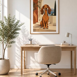 Mediterranean Dachshund — unframed fine art print. Frames and room accessories are not included.