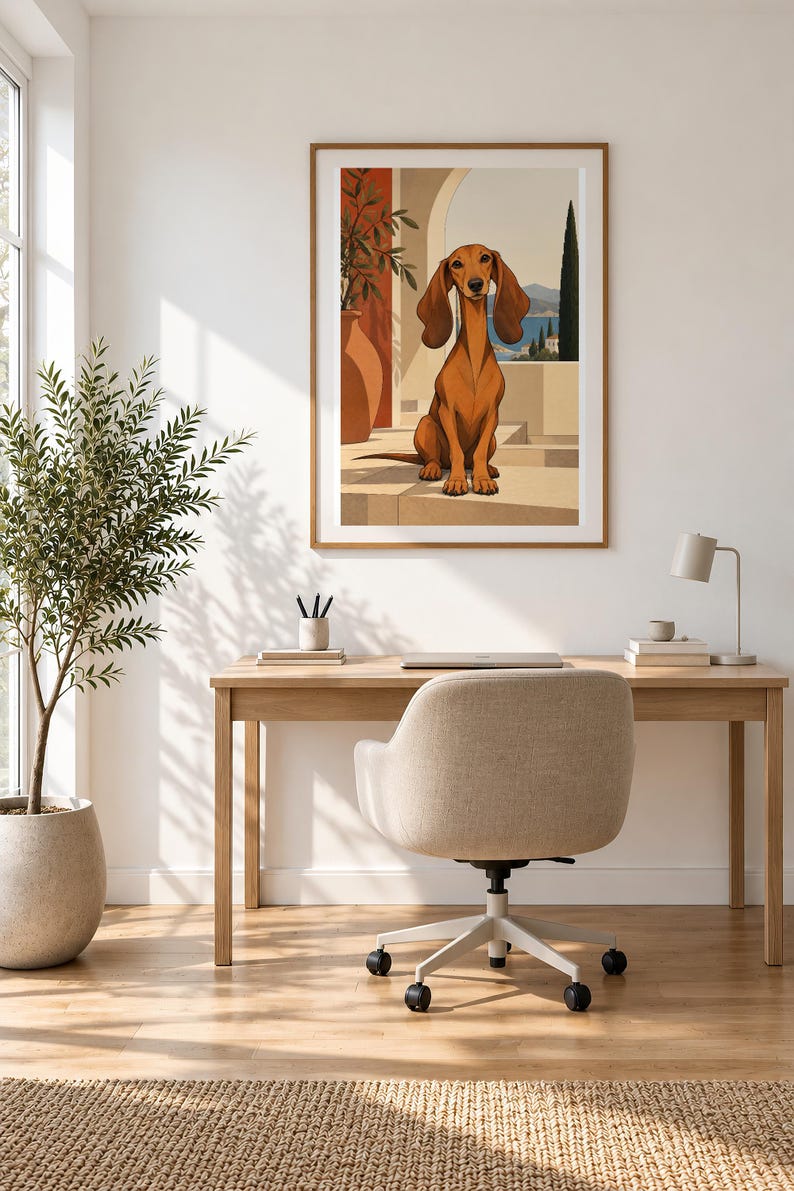 Mediterranean Dachshund — unframed fine art print. Frames and room accessories are not included.