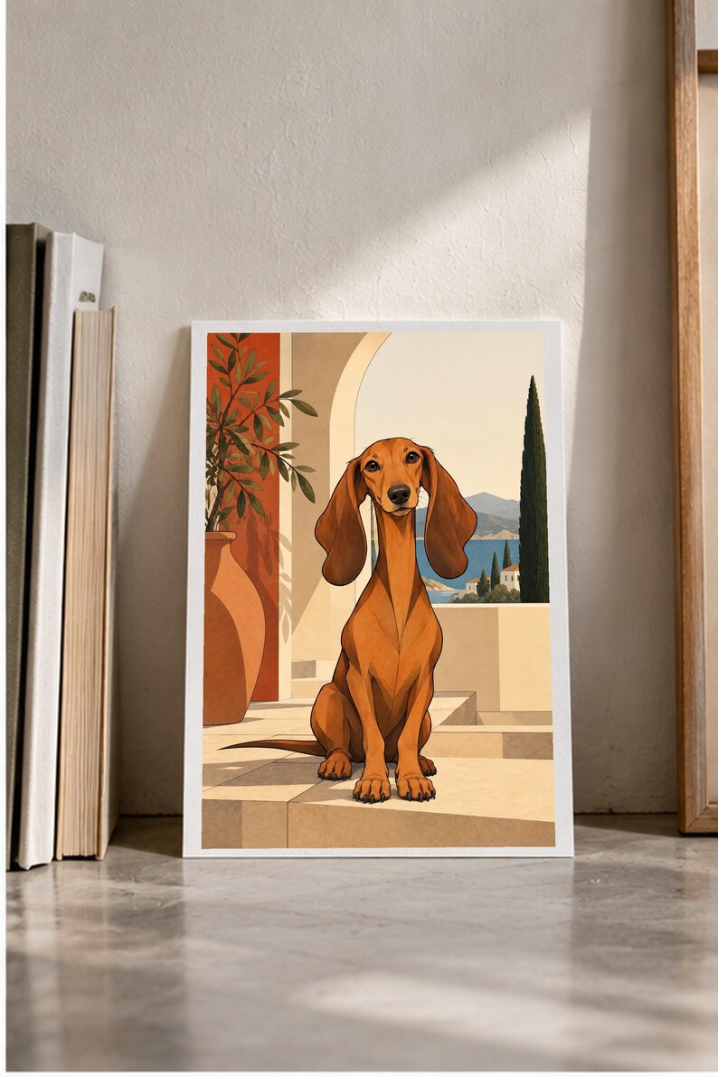 Mediterranean Dachshund — digital illustration shown as a display example. No physical item, frame or props included.