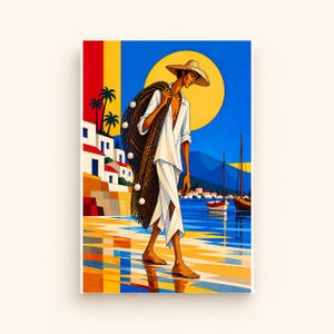 Fisherman by the Mediterranean Sea Printable Wall Art, Colourful Digital Download, A4 A5 and 2:3 JPG Files