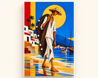 Fisherman by the Mediterranean Sea Printable Wall Art, Colorful Digital Download, A4 A5 and 2:3 JPG Files