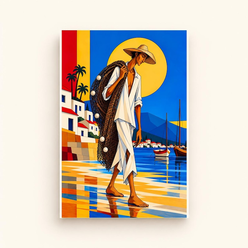 Fisherman by the Mediterranean Sea — digital illustration shown as a display example. No physical item, frame or props included.