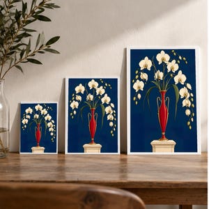 White Orchids in a Colourful Vase — digital illustration shown as a display example. No physical item, frame or props included.