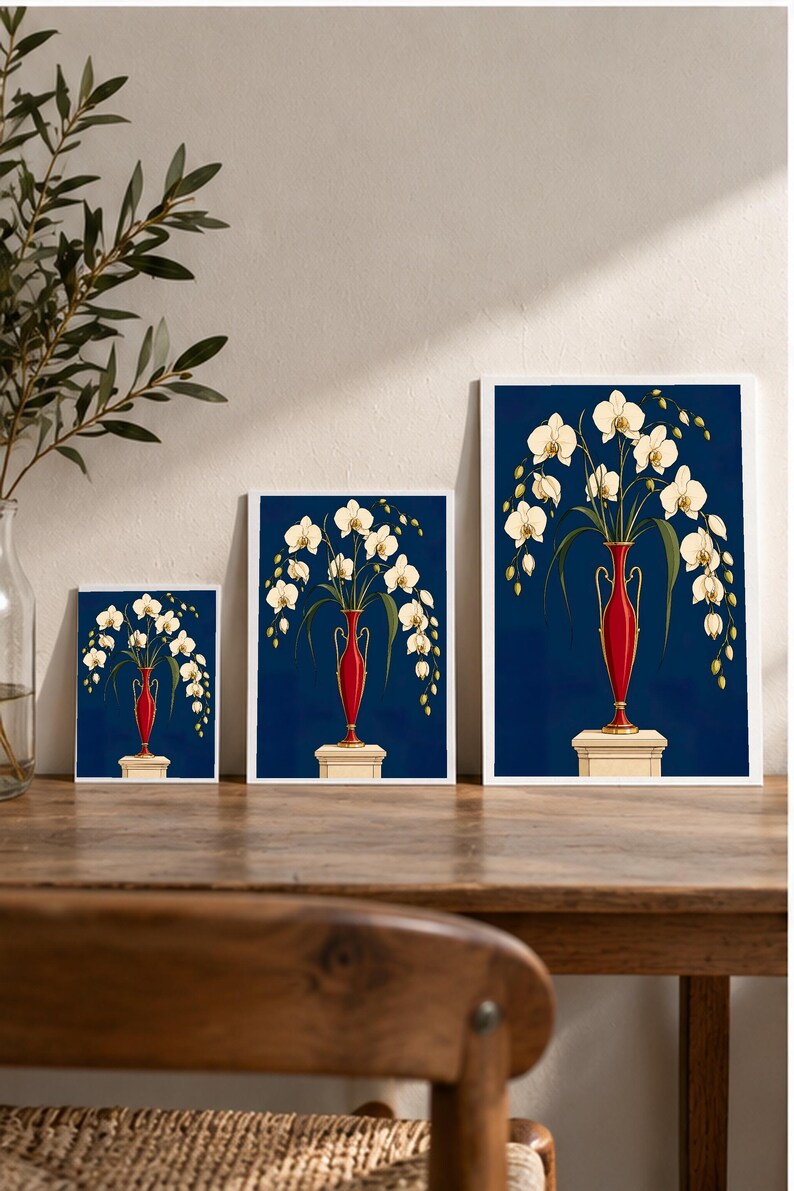 White Orchids in a Colourful Vase — digital illustration shown as a display example. No physical item, frame or props included.