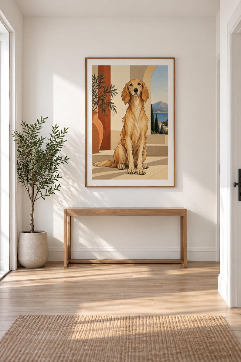 Mediterranean Golden Retriever — unframed fine art print. Frames and room accessories are not included.