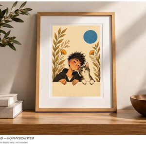 A Boy and His Tabby Cat — digital illustration shown as a display example. No physical item, frame or props included.