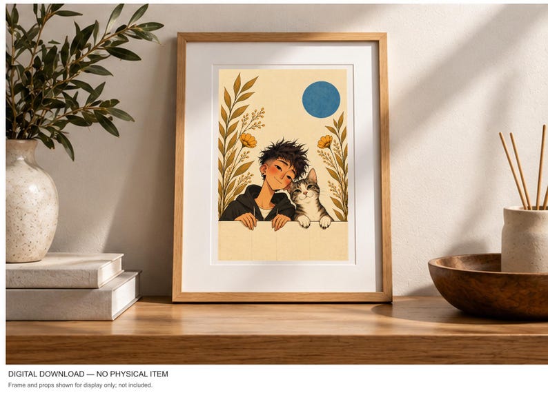 A Boy and His Tabby Cat — digital illustration shown as a display example. No physical item, frame or props included.