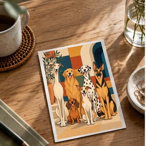 Six Dogs in a Mediterranean Courtyard — digital illustration shown as a display example. No physical item, frame or props included.