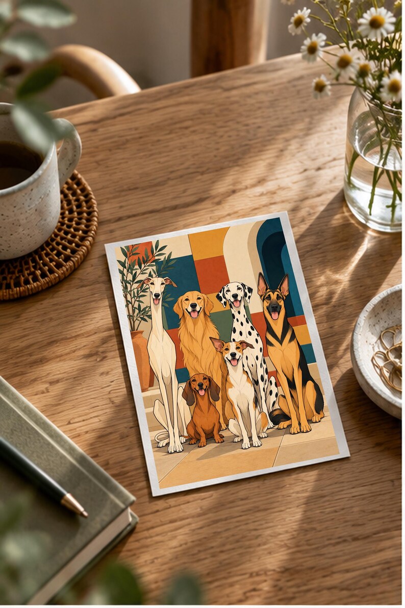 Six Dogs in a Mediterranean Courtyard — digital illustration shown as a display example. No physical item, frame or props included.