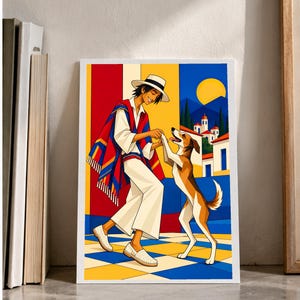 Man Dancing With Dog — digital illustration shown as a display example. No physical item, frame or props included.