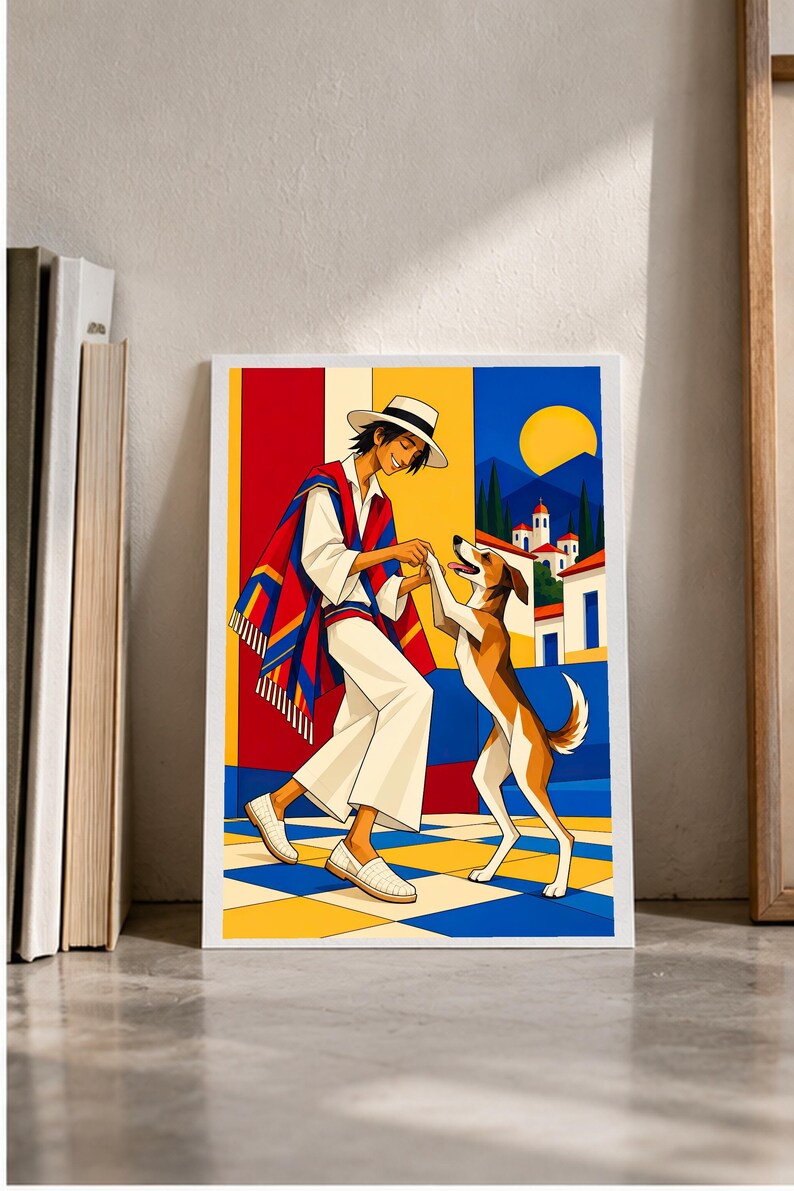 Man Dancing With Dog — digital illustration shown as a display example. No physical item, frame or props included.