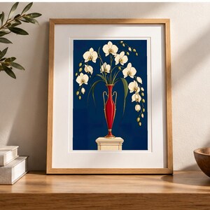 White Orchids in a Colourful Vase — digital illustration shown as a display example. No physical item, frame or props included.