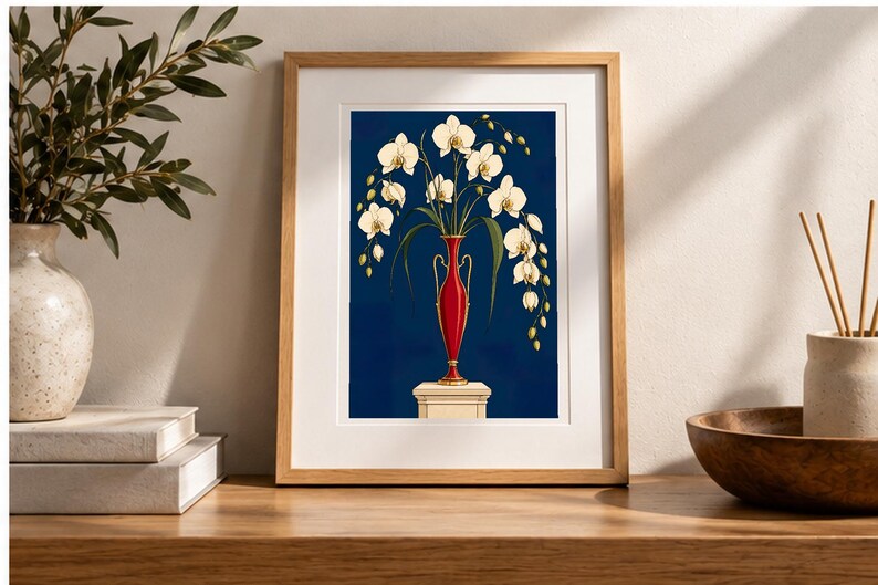 White Orchids in a Colourful Vase — digital illustration shown as a display example. No physical item, frame or props included.