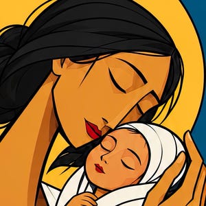 May include: A stylized digital illustration featuring a person with dark hair pulled back, holding a baby wrapped in a white cloth. The person has tan skin and red lips, set against a large yellow circular halo. The background includes deep blue.