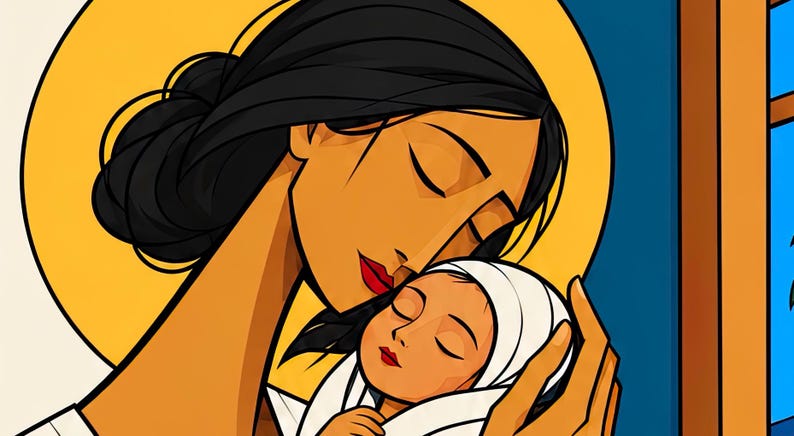 May include: A stylized digital illustration featuring a person with dark hair pulled back, holding a baby wrapped in a white cloth. The person has tan skin and red lips, set against a large yellow circular halo. The background includes deep blue.