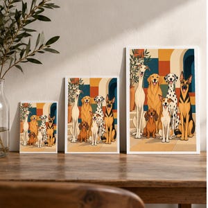Six Dogs in a Mediterranean Courtyard — digital illustration shown as a display example. No physical item, frame or props included.