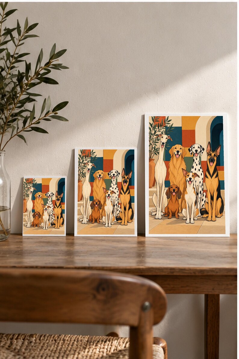 Six Dogs in a Mediterranean Courtyard — digital illustration shown as a display example. No physical item, frame or props included.
