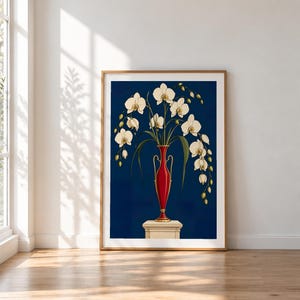 White Orchids in a Colourful Vase — unframed fine art print. Frames and room accessories are not included.