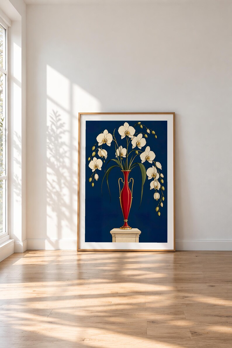 White Orchids in a Colourful Vase — unframed fine art print. Frames and room accessories are not included.