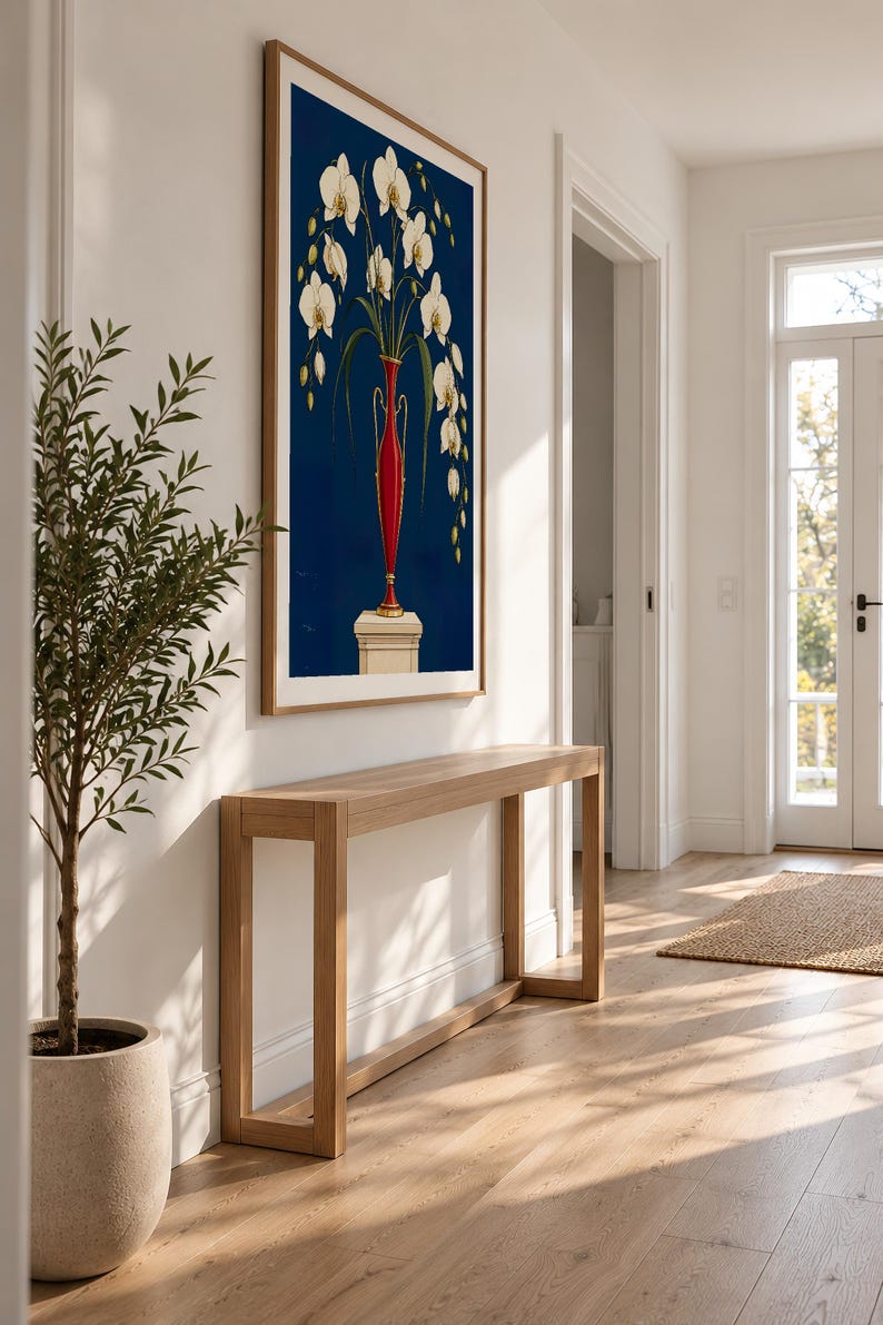 White Orchids in a Colourful Vase — unframed fine art print. Frames and room accessories are not included.