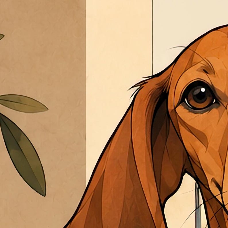 Mediterranean Dachshund — unframed fine art print. Frames and room accessories are not included.