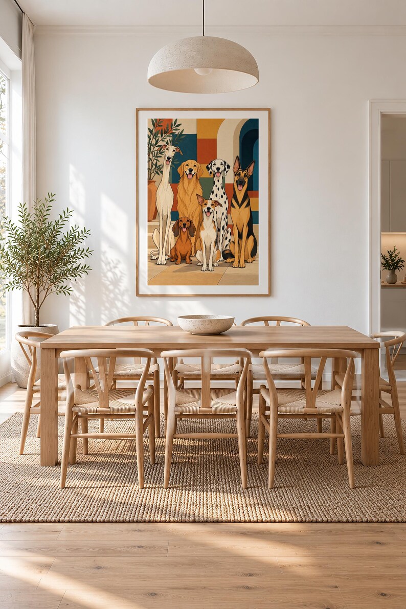 Six Dogs in a Mediterranean Courtyard — unframed fine art print. Frames and room accessories are not included.