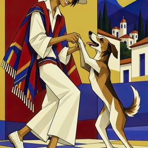 May include: A digital illustration of a person wearing a white hat, white shirt, white trousers, and a red, blue, and yellow striped poncho, holding the paw of a brown and white dog. The scene features a checkered floor and a Mediterranean village background.