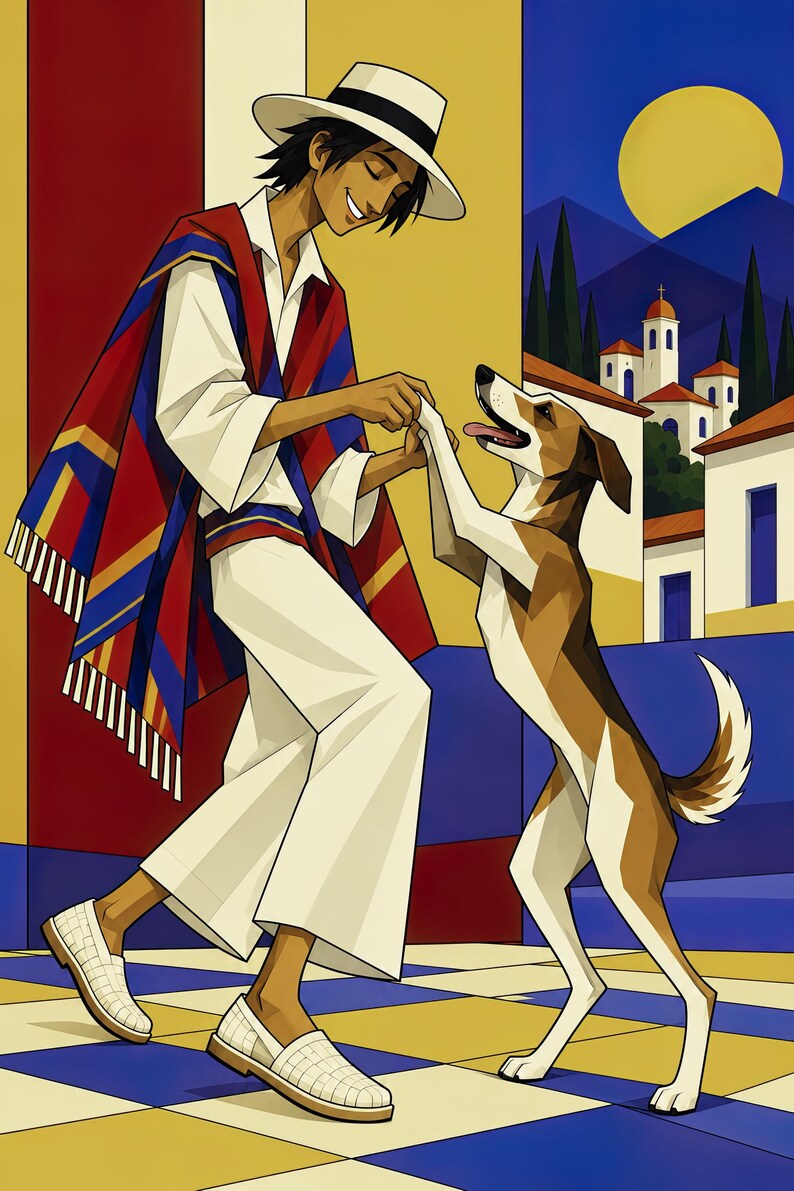 May include: A digital illustration of a person wearing a white hat, white shirt, white trousers, and a red, blue, and yellow striped poncho, holding the paw of a brown and white dog. The scene features a checkered floor and a Mediterranean village background.