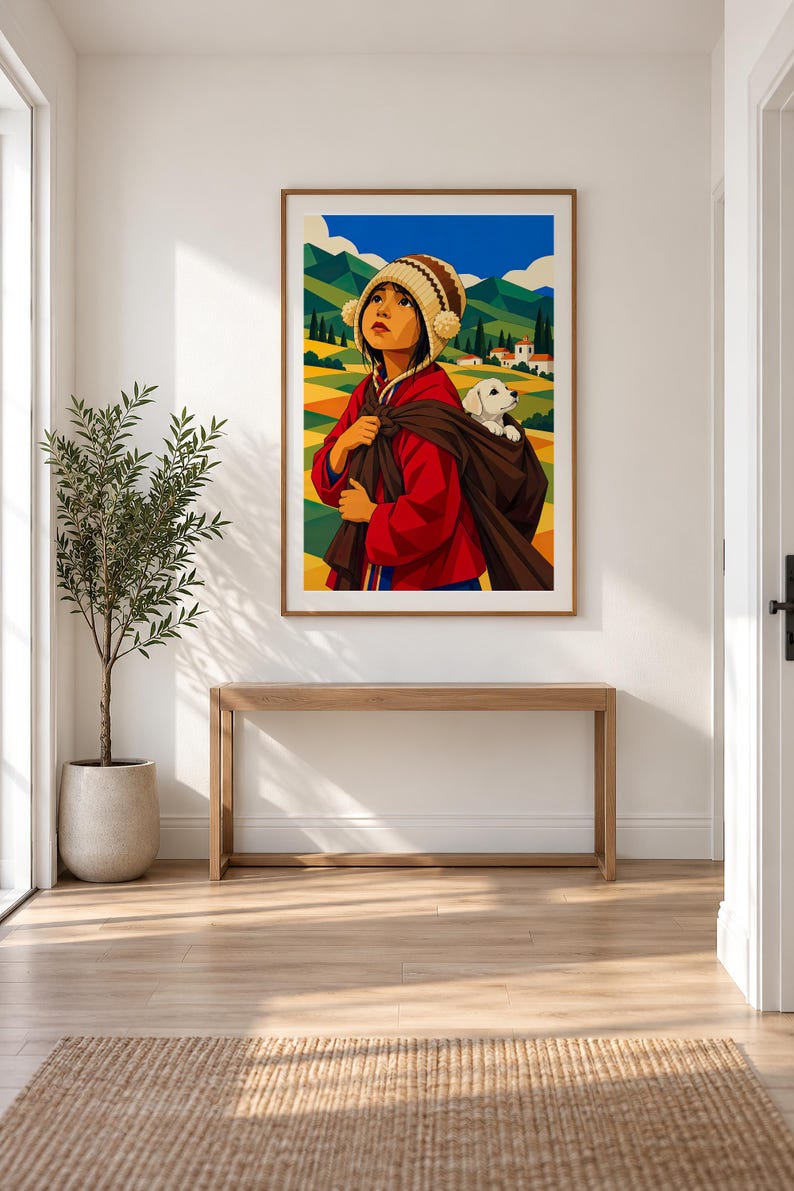 Boy Carrying a Puppy — unframed fine art print. Frames and room accessories are not included.