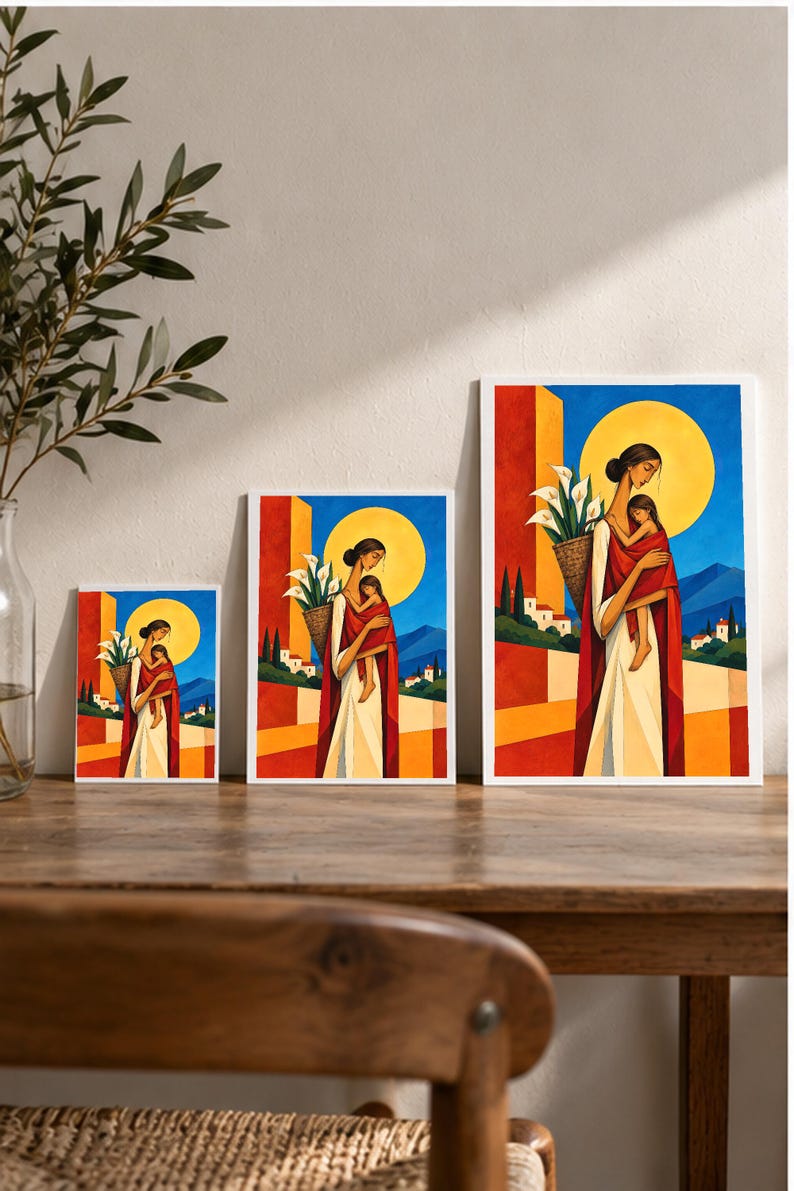 Mother and Child Under the Golden Sun — digital illustration shown as a display example. No physical item, frame or props included.
