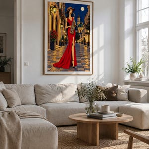 Saxophonist Under the Moon — unframed fine art print. Frames and room accessories are not included.