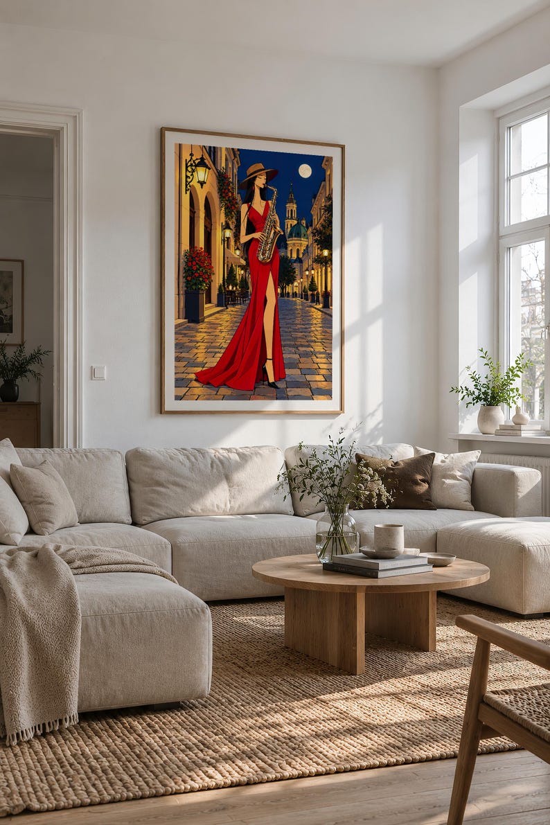 Saxophonist Under the Moon — unframed fine art print. Frames and room accessories are not included.