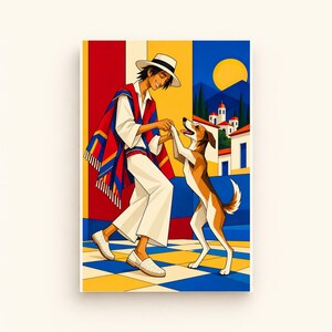 Man Dancing With Dog — digital illustration shown as a display example. No physical item, frame or props included.